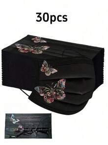 10/30pcs New Style Individually Packaged Black Butterfly Print Face Masks, Women's Daily Outdoor Use Face Cover, Elegant Breathable Non-Woven Fabric Fashion Protective Mask - Black - View 10