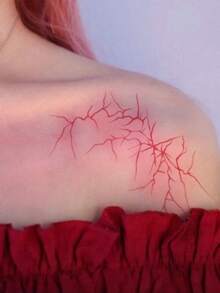 1 Pc Edgy Red Lightning Temporary Tattoo, Waterproof Long Lasting Fake Tattoo, Grunge Bold Body Art For Shoulders & Body - Multicolor - View 3