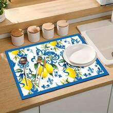 1pc Dish Drying Mat, Coffee Machine Mat, Lemon Floral With Blue Vintage Pattern Print Polyester Fiber Absorbent Mat, Highly Absorbent, Durable, Suitable For Dining Table, Cafe And Other Scenes, Fresh And Elegant Design Fits Various Dining Spaces, Multi-Purpose Drainage Mat, Home Gift, Tabletop Decor - XYLSD-500 - View 7