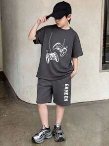 Tween Boy Cartoon Graphic Print Crew Neck Short Sleeve T-Shirt And Shorts Set - Dark Grey - View 1