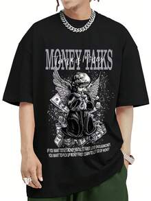 Men's Plus Size Casual Short Sleeve-Shirt Black Cotton Graphic Print Round Neck Loose Fit Comfortable Summer Daily Versatile Party - 黑色 - 查看 2