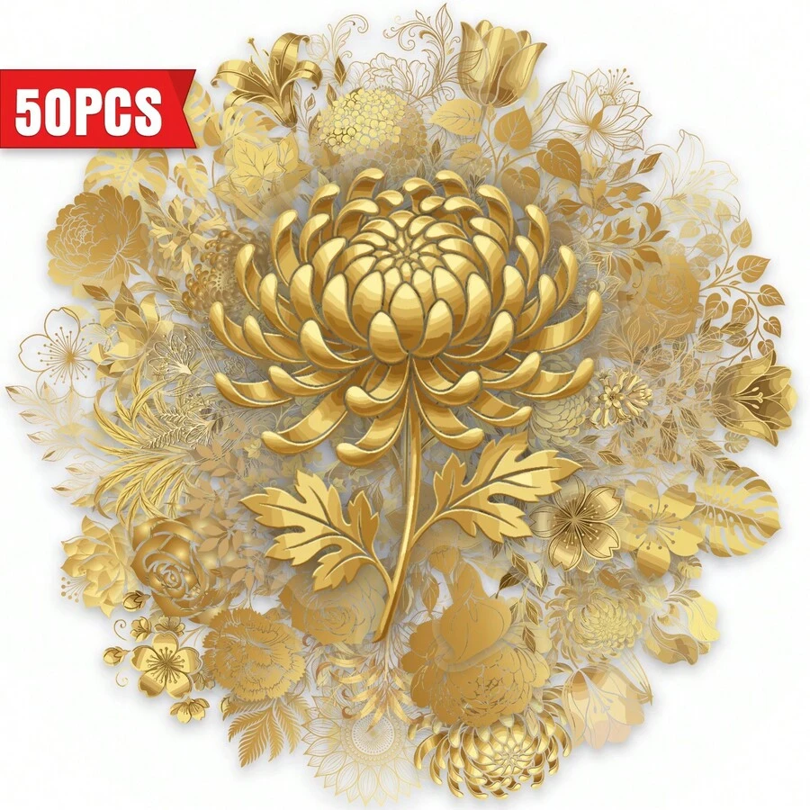 50pcs New European Style Gold Plant & Flower PET Transparent Stickers, DIY Scrapbook Decorative Decals - Multicolor - View 1