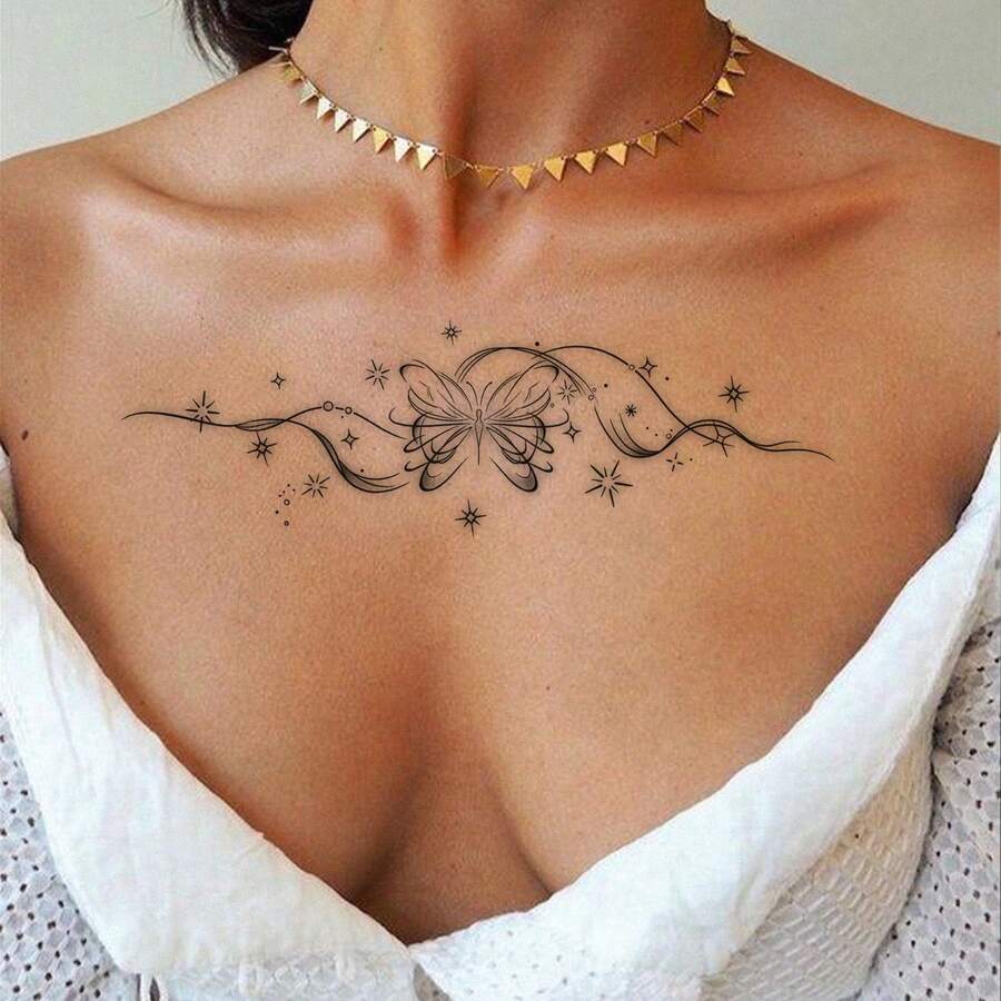 Starry Butterfly Dance Light French Line Tattoo Sticker, Waterproof Butterfly Shoulder & Neck Sticker - Multicolor - View 1