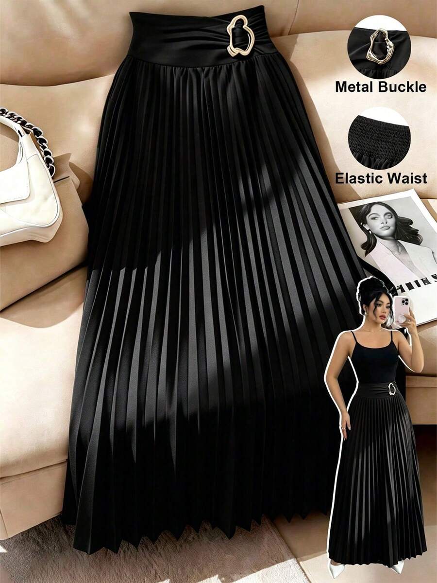Falda plisada con decoración metálica en estilo A-line para mujer, adecuada para ir a trabajar, citas, compras de fin de semana, con un estilo elegante y retro - Negro - Ver 1