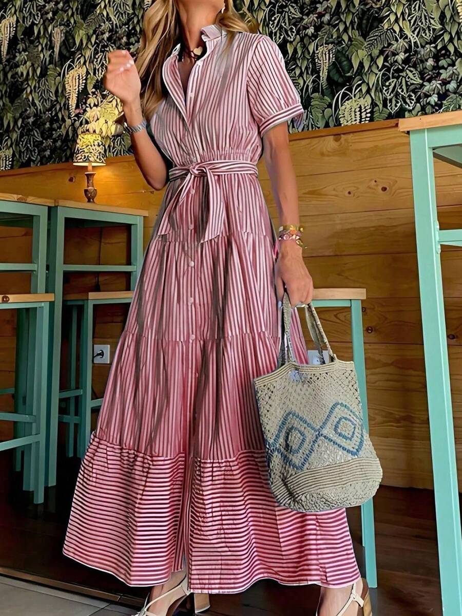 ¡RENUEVA TU ARMARIO YA!Vestido midi de mujer nuevo, estampado de rayas elegante y corto de manga, corte holgado favorecedor y cómodo para uso diario y oficina - Burdeos - Ver 1
