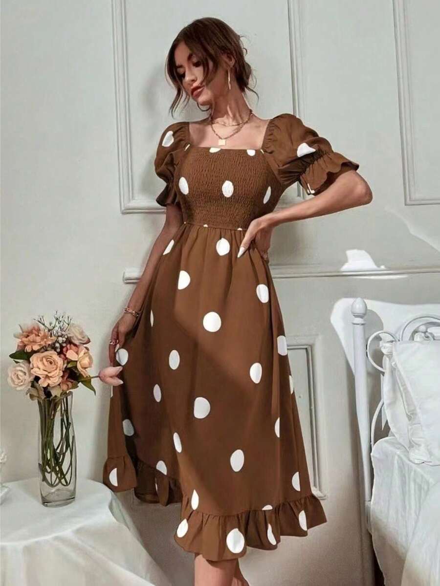 Sweet Feminine Dress With Large Polka Dots And Scalloped Edges - Coffee - View 1