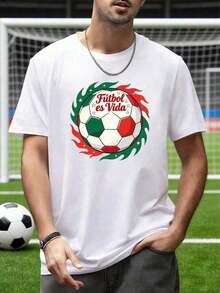 Camisetas Para HombrePlayera De Apoyo A La SeleccióN Mexicana Copa Mundial 2026 EE.UU.-Canadá-MéXico, Estampado De BalóN De Fuego En Colores De La Bandera Mexicana Y Lema "FúTbol Es Vida", C - Negro - Ver 1