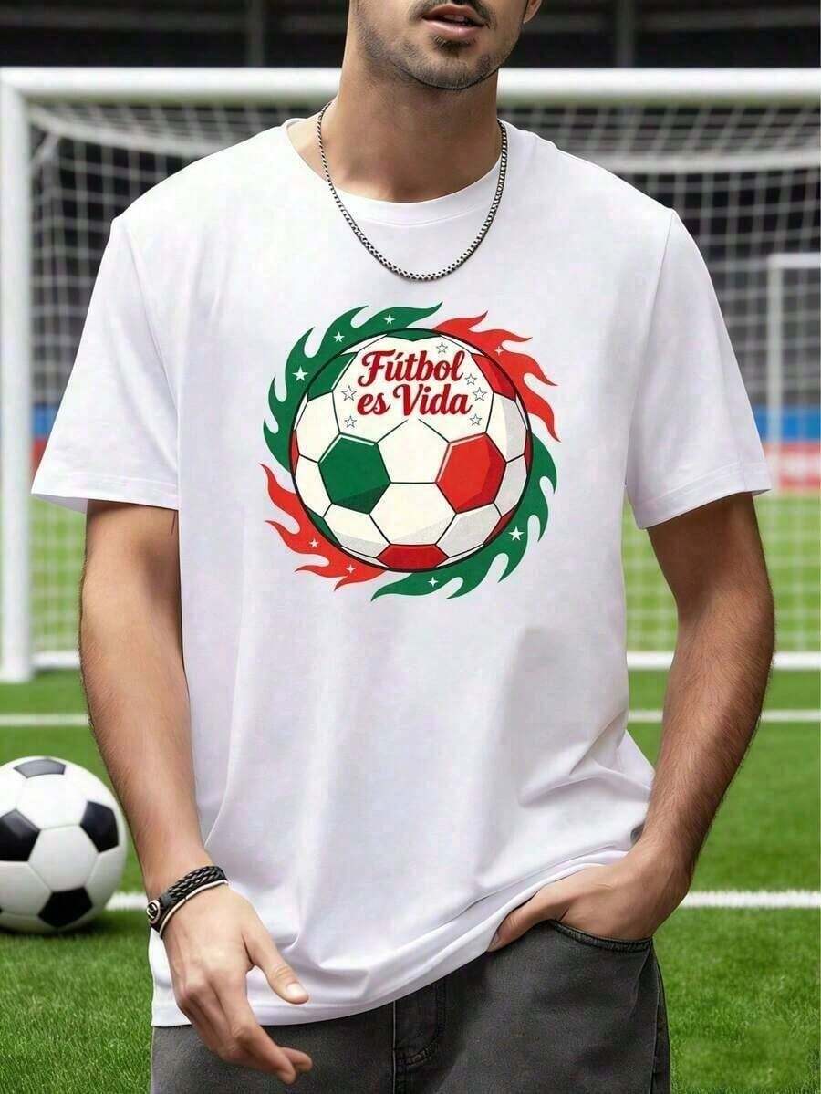 Camisetas Para HombrePlayera De Apoyo A La SeleccióN Mexicana Copa Mundial 2026 EE.UU.-Canadá-MéXico, Estampado De BalóN De Fuego En Colores De La Bandera Mexicana Y Lema "FúTbol Es Vida", C - Negro - Ver 1