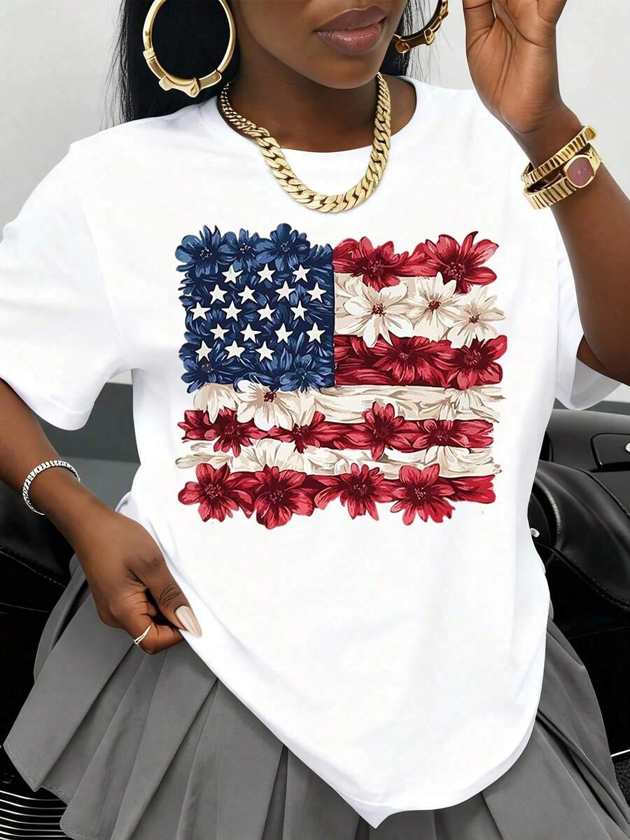 Camiseta Negra con Diseño Floral de la Bandera Americana para Mujer, Patriótica, para el Día de la Independencia, Celebración del Cuarto de Julio, Camiseta Gráfica Casual, Prenda de Moda. - Blanco - Ver 1