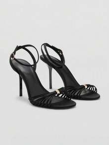 Sandal Hak Tinggi Stiletto Wanita Model Baru Musim Semi/Panas 2026 dengan Detail Simpul Berlapis Metalik Emas - Hitam - View 6