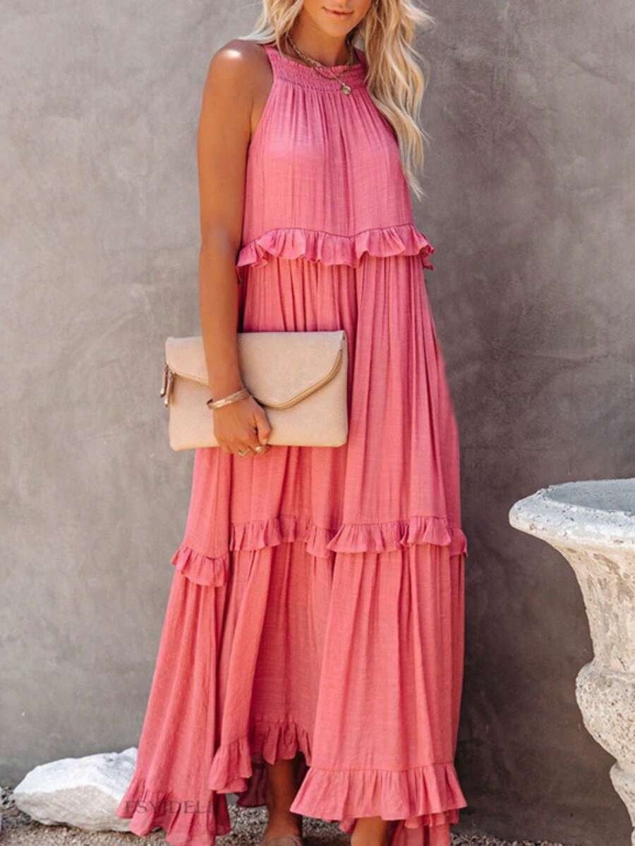 Vestido pastel tirantes estilo delicado largo elegante moda femenina estilo europeo - Rosa - Ver 1