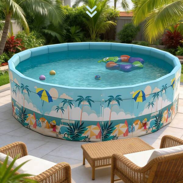 Tropical Family Fun Round Swimming Pool - PVC Material, No Inflation Needed, Foldable, Easy To Store, Perfect For Backyard Gatherings And Indoor Play, Blue Palm Tree Design, Leisure Pool | Summer Vibe Pool | PVC Pool, Pool Float