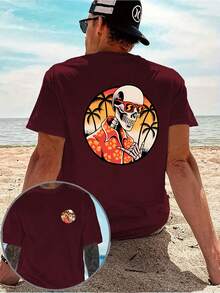 Una camiseta casual para hombre con un diseño creativo, que presenta un estampado de calaveras hawaianas en ambos lados, estilo retro americano, audaz y único, de corte holgado, con estampad - Negro - Ver 6