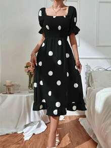 Sweet Feminine Dress With Large Polka Dots And Scalloped Edges - Black - View 6