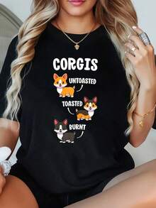 1 Camiseta de Corgi, Regalo Divertido para Amantes de Perros, Camiseta con Diseño de Tostadas (Sin Tostar, Tostadas, Quemadas), Camiseta de Talla Grande para Mujer, Camiseta Gráfica de Manga - Negro - Ver 1