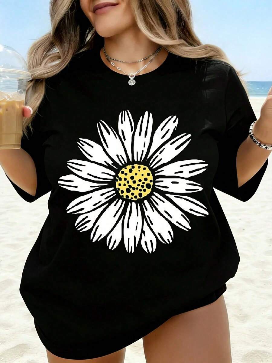Camiseta Blanca Oversize con Estampado de Flores Margaritas Rosas, Top Casual de Verano para Mujer, Ligera, de Corte Holgado, Camiseta Gráfica, Atuendo de Vacaciones, Estilo Girasol, Ropa de - Negro - Ver 1
