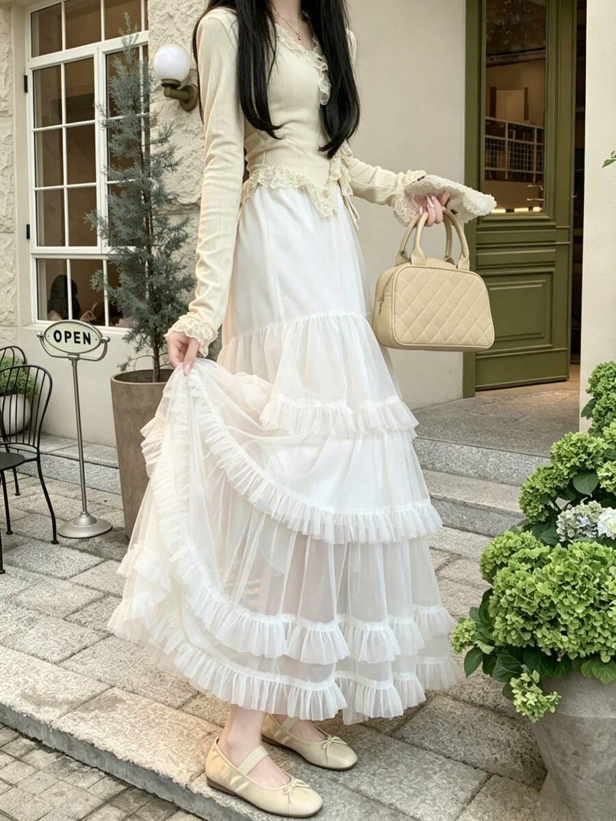 层叠薄纱中长半身裙，女士高腰芭蕾舞裙式褶裥A字裙，2025春夏 白色