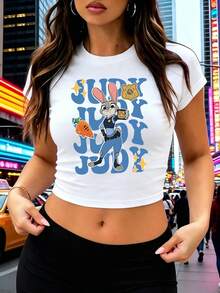 Official Disney T-Shirt Women Disney-Style "Zootopia" Officer Judy Crop Top Sexy Fitted Spicy Tee Round-Neck Fitted Shirt Fan Gifts Summer Shirt - 白色 - 查看 1