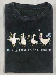 Men's And Women's 100% Cotton 2026 Washed Cotton T-Shirt, Funny Goose Print With Ribbon Flowers, High Quality Wax Print Cotton Retro Ode Ark T-Shirt, Ca - 黑色 - 查看 1