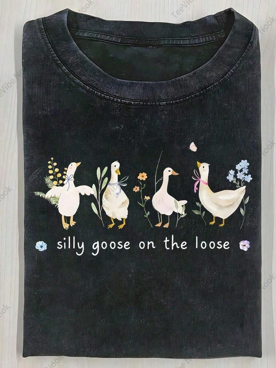 Men's And Women's 100% Cotton 2026 Washed Cotton T-Shirt, Funny Goose Print With Ribbon Flowers, High Quality Wax Print Cotton Retro Ode Ark T-Shirt, Ca - 黑色 - 查看 1