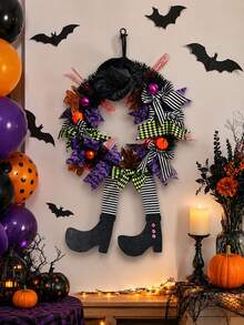 Halloween Hexen-Kranz Dekorationsset mit schwarzen Fledermaus-Wandaufklebern und bohrfreien Haken, geeignet für Haustür, Kamin, Fenster, Wohnzimmerwand, Partyhintergrund, Spukhaus-Dekoration, Süßigkeitentisch und Halloween-Fotobereich, Hexenhut, gestreifte Beine, Kürbis, Schleifen-Elemente schaffen eine starke festliche Atmosphäre. - Halloween-Kranz-Set - Übersicht 4