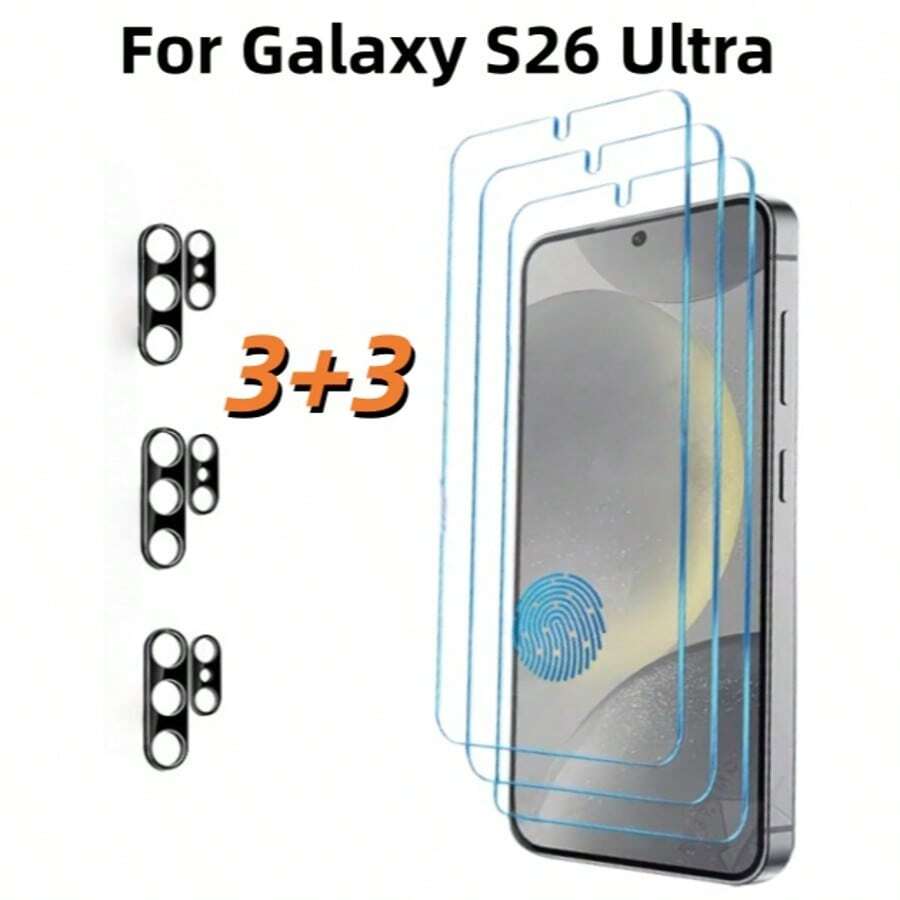 6入 (3+3) 相容於 Galaxy A37/A57/S24/S24 Plus/S24 Ultra/S25/S25 Plus/S25 Ultra/S26/S26 Plus/S26 Ultra 高畫質透明鋼化玻璃螢幕保護貼 3入 + 3D 絲網印刷高畫質鋼化玻璃相機鏡頭保護貼 3入，9H 鋼化玻璃，支援指紋解鎖，高畫質透明相容保護殼 耐刮防摔，易於安裝，耐刮耐磨，螢幕保護貼，鏡頭保護貼