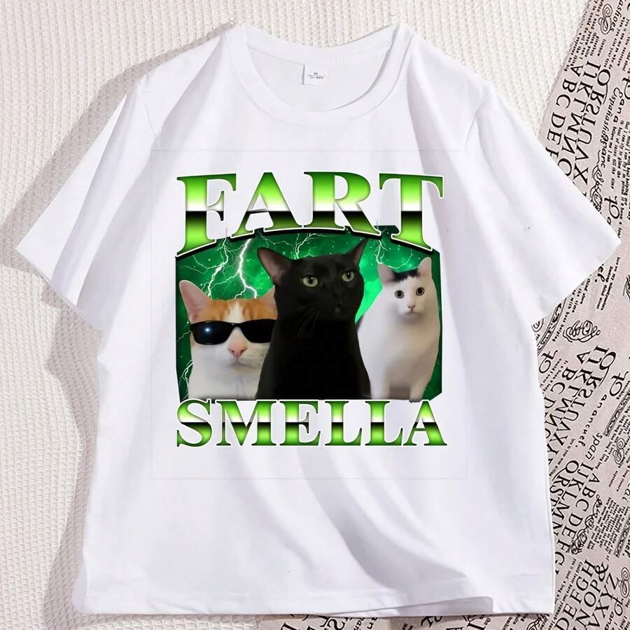 Funny Cat T-Shirt Fart Smella, Silly Cat Casual T-Shirt For Women, Weird T-Shirts, Short Sleeve Crew Neck T-Shirts, Women's Clothing - 彩色 - 查看 1