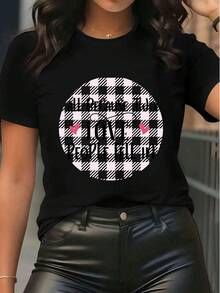 Dam T-shirt i ren bomull med kort ärm, casual sommarbas topp med kärlekscitat-tryck - Svart - Visa 6