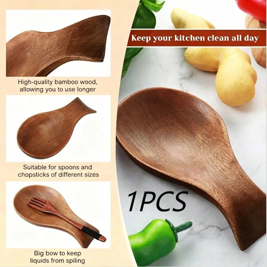 1pc Wooden Spoon Holder, Heat-Resistant Wooden Utensil Rack For Storing Ladles, Spatulas, Brushes, Shovels And Other Kitchen Tools (The Wood Grain Pattern May Vary) - Brown - View 1
