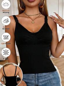 1-Piece Maternity Base Layer Top, Black Seamless Nursing Vest With Breast Pads, Beautiful Back, Long Solid Color, Comfortable Underwear Vest For Women - Black - View 4