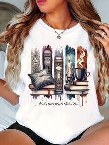 Plus Size T-Shirt For Women - One Chapter - Bookstore Design With Open Books, Soft Gray, Comfortable And Breathable Literary Style, Gift For Book Lovers, Ro - Black - View 1