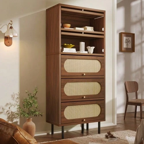 Sideboard In Walnut With Rattan, 80x40x163 Cm, Tall Cabinet With 5 Doors, Chest Of Drawers In Wood With Metal Legs, Large Storage Space, Suitable For Living Room, Hallway, Kitchen, Or Closet - Walnut + Wood - View 1