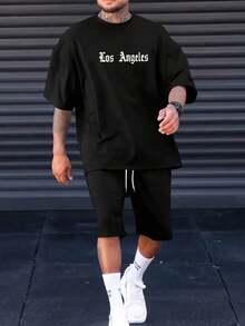 Camiseta de manga corta para hombre, de algodón estampado, ligera y cómoda para uso diario informal. No es un conjunto, los pantalones son solo para referencia de combinación. - Negro - Ver 1