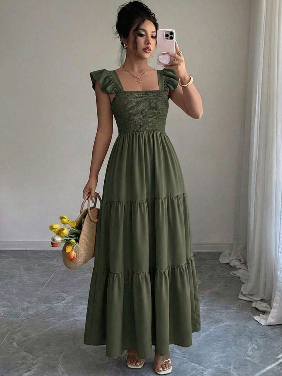 Vestido de verano con cuello cuadrado, espalda descubierta y fruncido, sin mangas, con volantes y diseño escalonado, estilo cami midi, para playa y vacaciones. - Verde militar - Ver 1