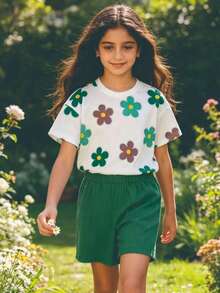 2pcs Girls Casual Floral Print Dropped Shoulder Short Sleeve Top And Elastic Waist Shorts Set, Spring/Summer - Green - View 1