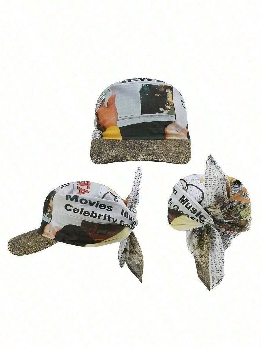 Topi Bertepi Lebar Motif Koran Vintage Unisex - Gaya Jalanan Y2K (Durag) - MultiWarna - View 1