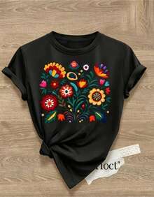 Conjunto set packk 3 camiseta blusa gráfica mujer dama básica manga corta cuello imitación bordado flores primavera verano noche casual corte cómoda fresca moderna juvenil colegio calle casa - Negro - Ver 2