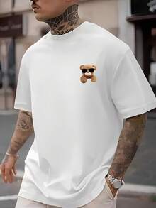 Camiseta casual de talla grande para hombre con diseño de oso lindo con gafas - Suave, transpirable, manga corta para actividades diarias y al aire libre, marrón, TALLA GRANDE. - Multicolor - Ver 1