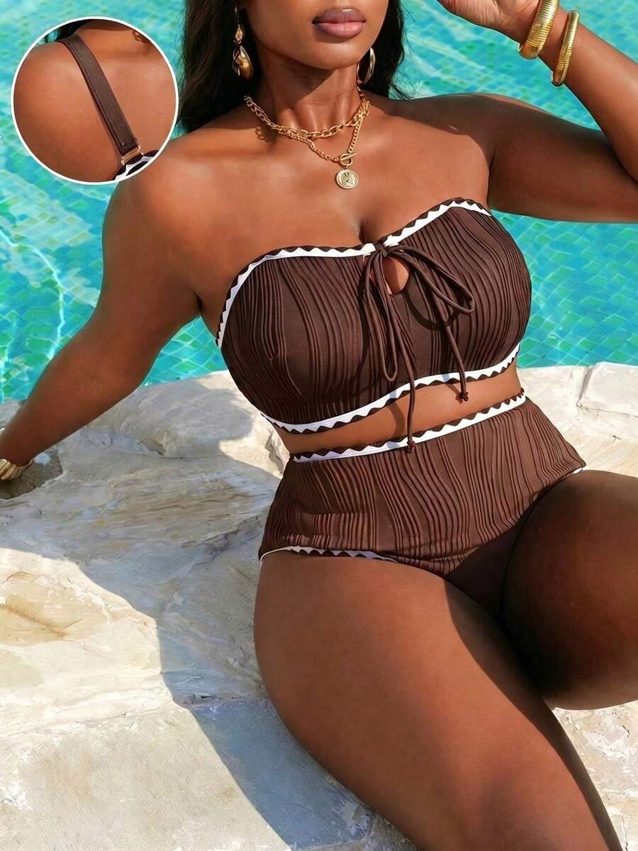 Conjunto de bikini bandeau texturizado para vacaciones de verano para mujer de talla - Café integral - Ver 1