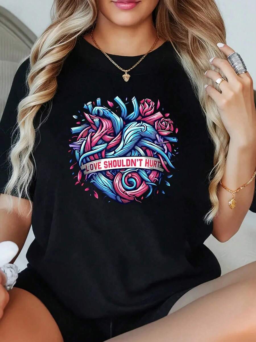 1 Piece Women's Plus Size T-Shirt With 'Love Shouldn't Grind' Print, Short Sleeve, 220g, 100% Polyester, Casual Style With Round Neck - 黑色 - 查看 1