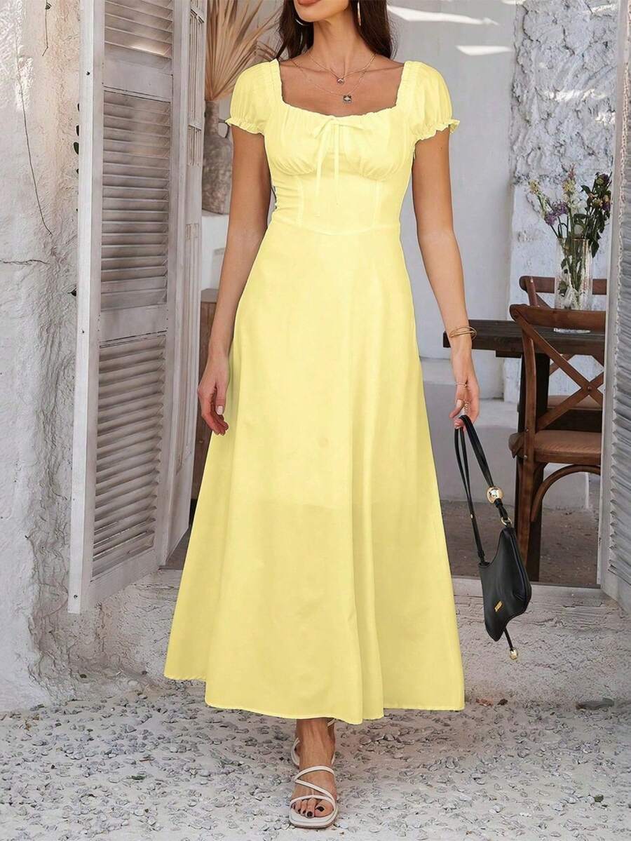 Women's Elegant Square Neck Maxi Dress, Puff Short Sleeve Tie Front A-Line Long Dress, High Waist Corset Detail Flowy Swing Dress, Casual Chic Evening Party Cocktail Dress, Summer Vacation - 淡黃色 - 查看 1