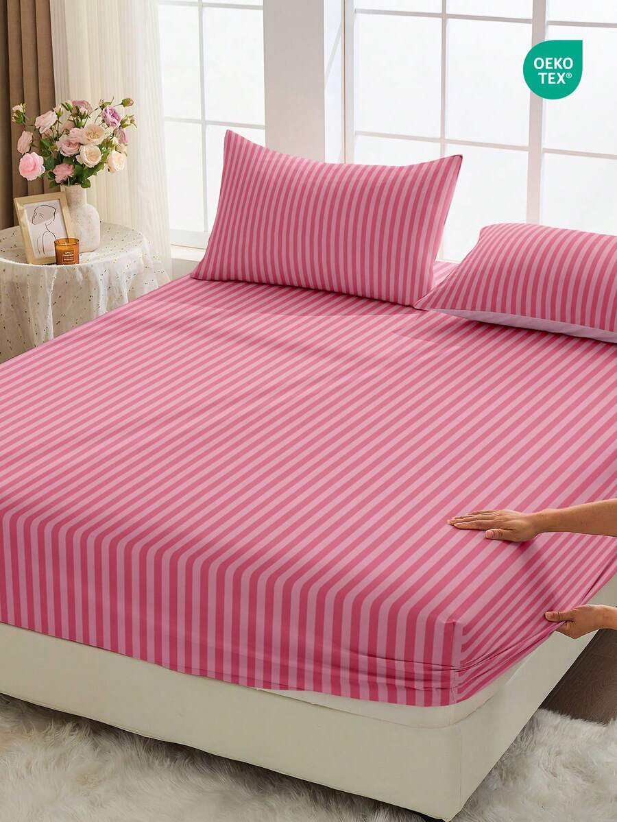 1 Stück Spannbetttuch, Bettwäsche, Matratzenauflage, weicher & bequemer Matratzenschutz, Heimdekoration, rosa gestreiftes minimalistisches Spannbetttuch, ohne Kissenbezug, geeignet für Einzelbett, Doppelbett, Queensize, Kingsize Bett, Bettwäsche-Geschenk, maschinenwaschbar, Sofabezug, Oeko-Tex