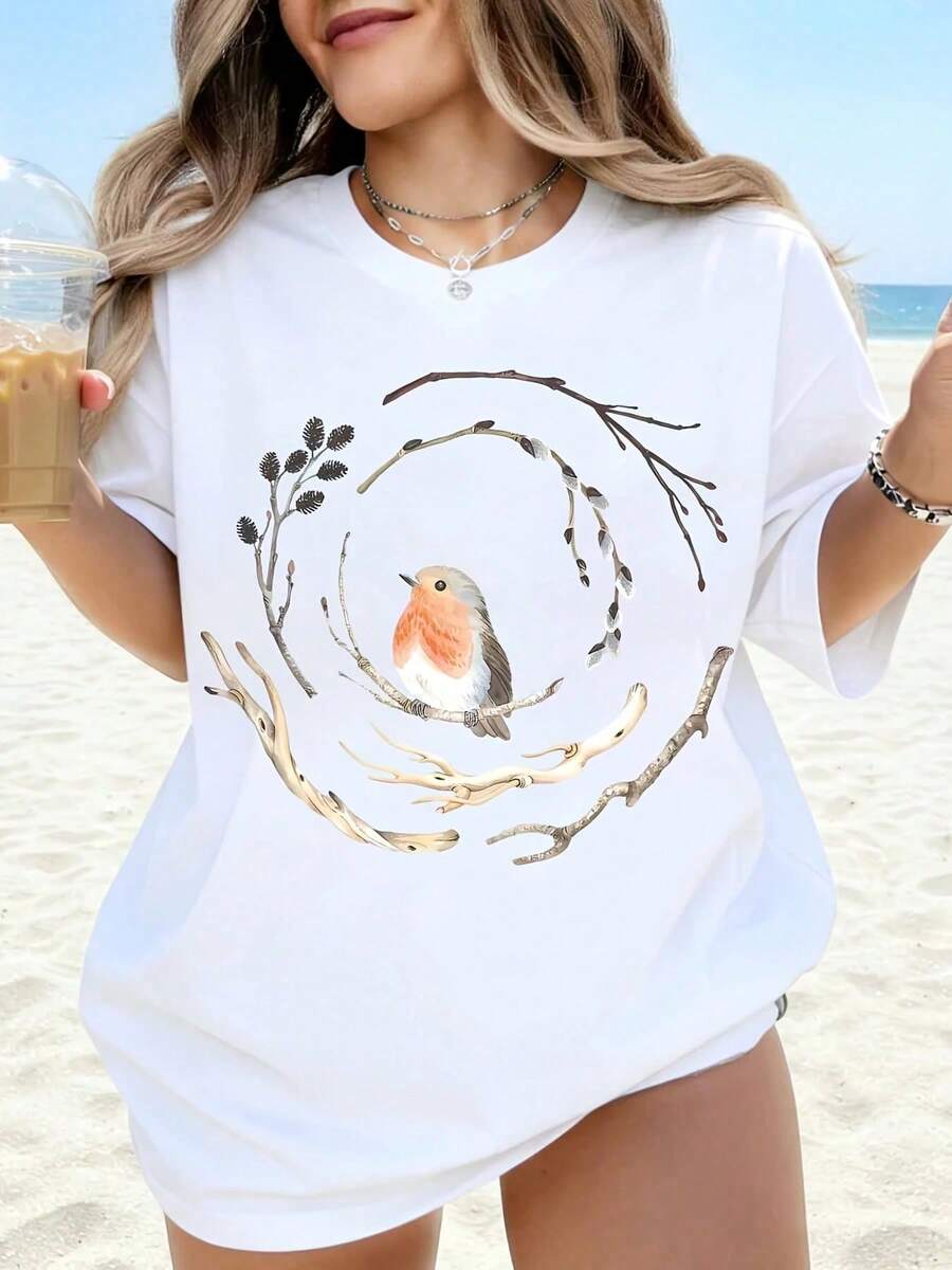 Camiseta Blanca con Diseño de Pájaro Robin y Ramas, Ropa de Playa de Verano para Mujer, Camiseta Casual de Talla Grande para Amantes de la Naturaleza, Estampado de Vida Silvestre, Idea de Re - Blanco - Ver 1