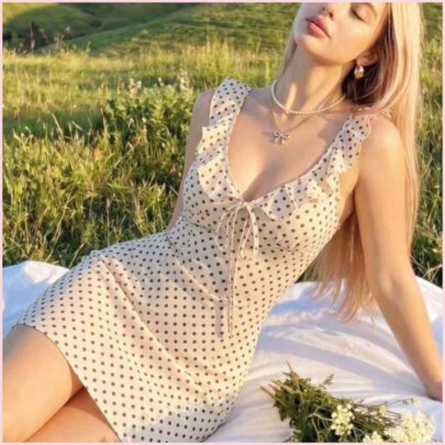 Vestido mini ajustado sin mangas con escote en V con estampado floral amarillo y de limón, adecuado para vacaciones de verano - Amarillo claro - Ver 1