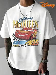 Disney Cars Lightning McQueen 95 Double-Sided T-Shirt, Retro "Think Fast" Racing Graphic Tee, Casual White Short Sleeve For Fans - 白色 - 查看 2