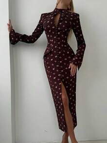 Vestido ajustado de lunares con detalles de botones muy popular - Morado - Ver 2