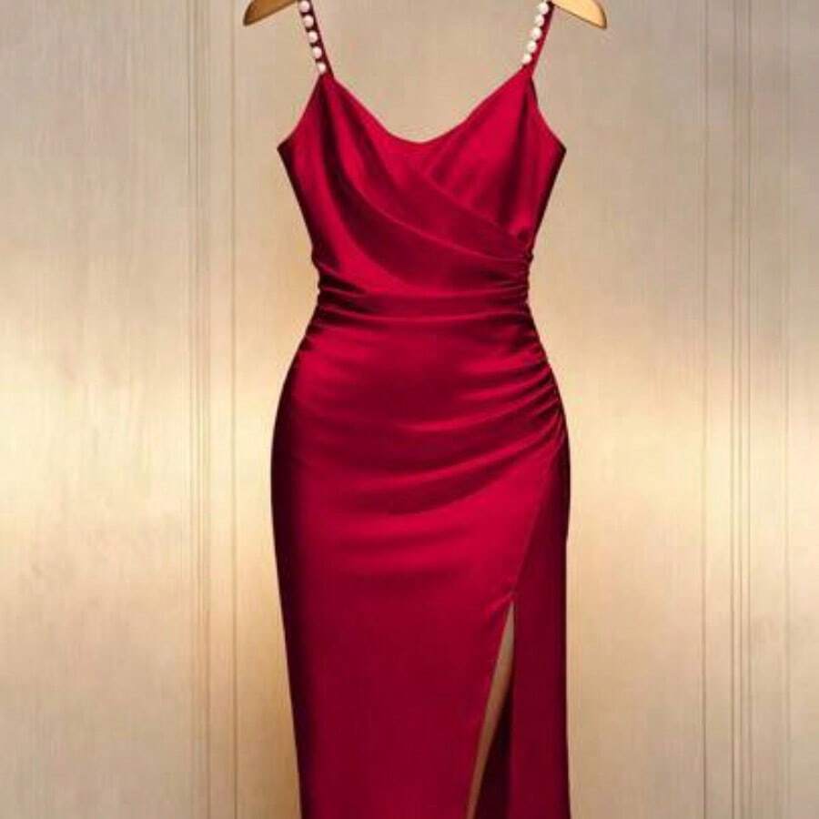 Elegante vestido ajustado de color champán con cuello cruzado francés romántico, cintura ceñida y adorno de perlas con abertura - Rojo - Ver 1