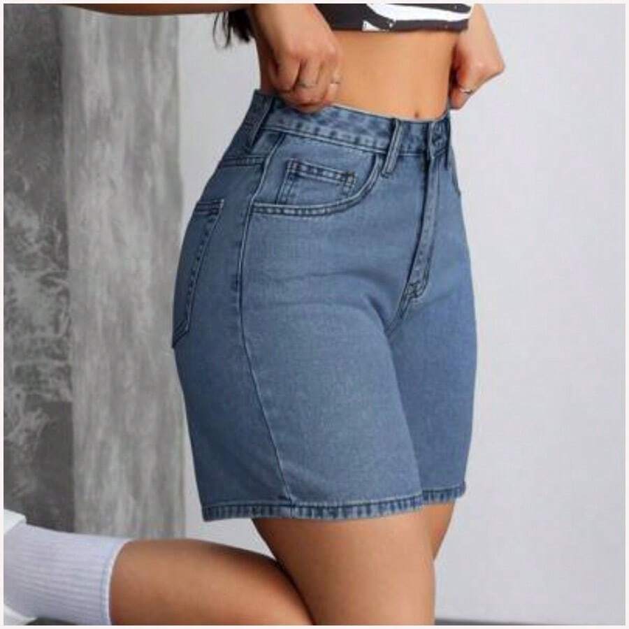 Tall Shorts vaqueros de tiro medio casual lavados para mujer estilo Y2K - Azul lavado oscuro - Ver 1