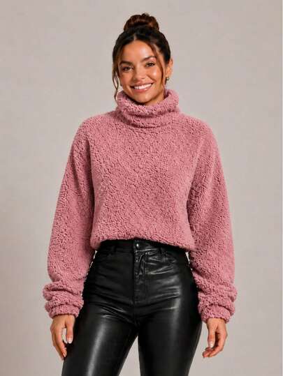 Blusa Teddy Feminina Gola Alta   Pele Sintética    Tipo    Blusa Teddy Peluciada   Diário    Inverno