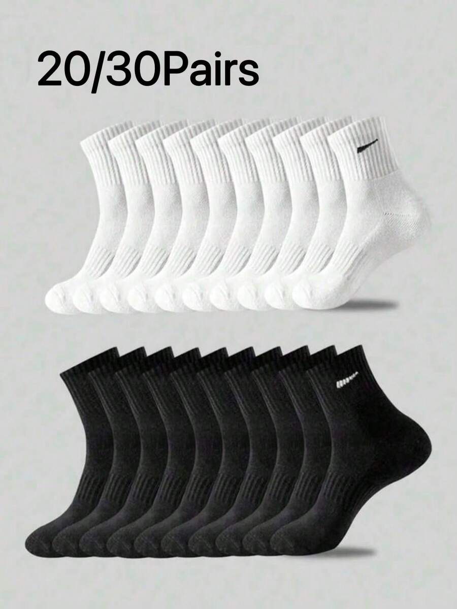 20/30 Pairs Men's Black And White Casual Mid-Calf Socks, Warm And Comfortable, Sporty Style, Daily Fitness Outerwear Socks - Multicolor - View 1